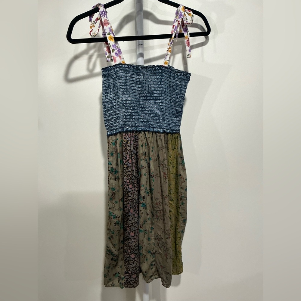 Floral Smocked Boho Mini Dress with Blue and Green Accents